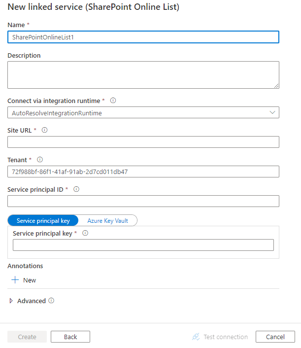 SharePoint Online Listesi için bağlı hizmet yapılandırmasının ekran görüntüsü.