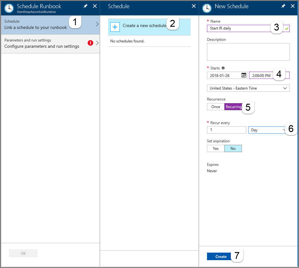 Azure-SSIS IR'nin başlangıcını zamanlama seçimlerini gösteren ekran görüntüsü.