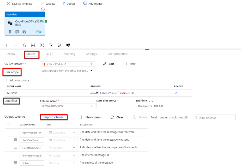 Config Microsoft 365 (Office 365) veri kümesi schema.