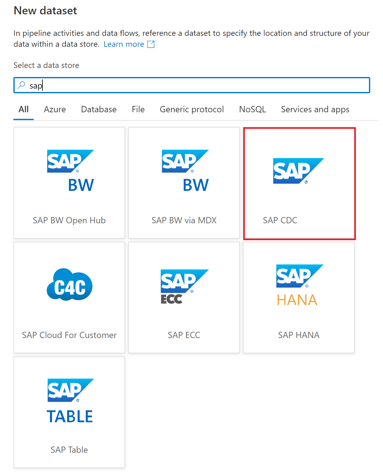 Yeni veri kümesi iletişim kutusundaki SAP CDC veri kümesi türünün ekran görüntüsü.