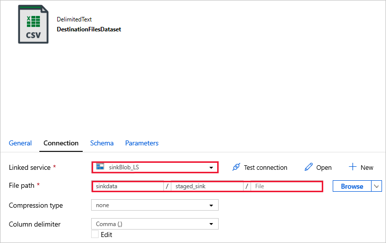 DestinationFilesDataset için bağlı hizmet ve dosya yolu seçimleri