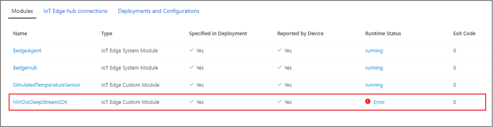 Azure portalının, hata koşuluyla NVIDIA DeepStream SDK modülü çalışma zamanı durumunun ekran görüntüsü.