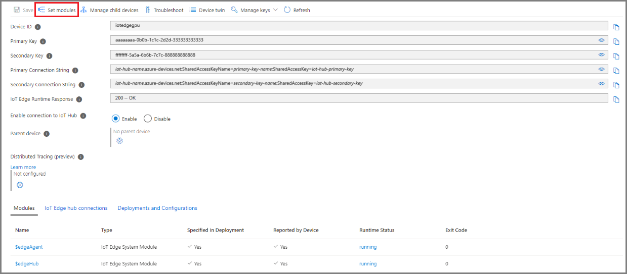 Azure portalı, IoT Hub, modül ayarlama sayfasının ekran görüntüsü.