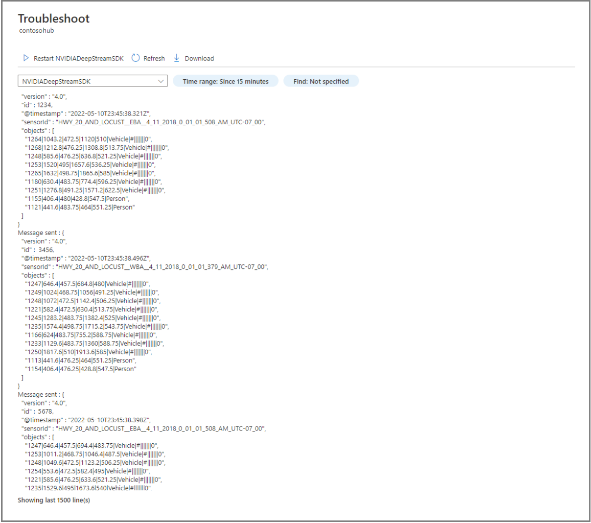 Azure portalının NVIDIA DeepStream SDK günlük dosyası çıktısının ekran görüntüsü.
