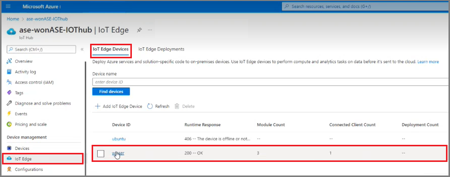 Azure portalı, IoT Edge, IoT Hub cihazının ekran görüntüsü.