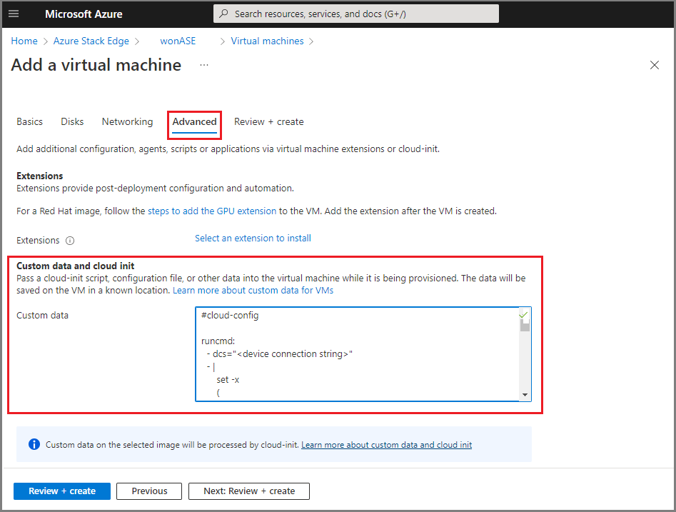 Azure portalında VM yapılandırmasının Gelişmiş sekmesinin ekran görüntüsü.