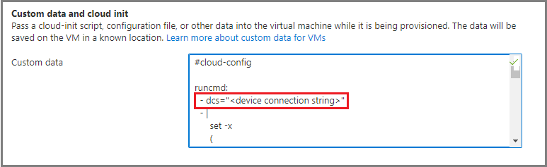 Azure portalında VM yapılandırmasının Özel veri alanının ekran görüntüsü.