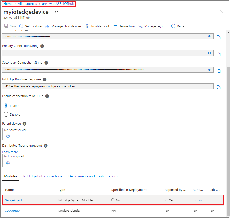 Azure portalında IoT Edge çalışma zamanı durumunun ekran görüntüsü.