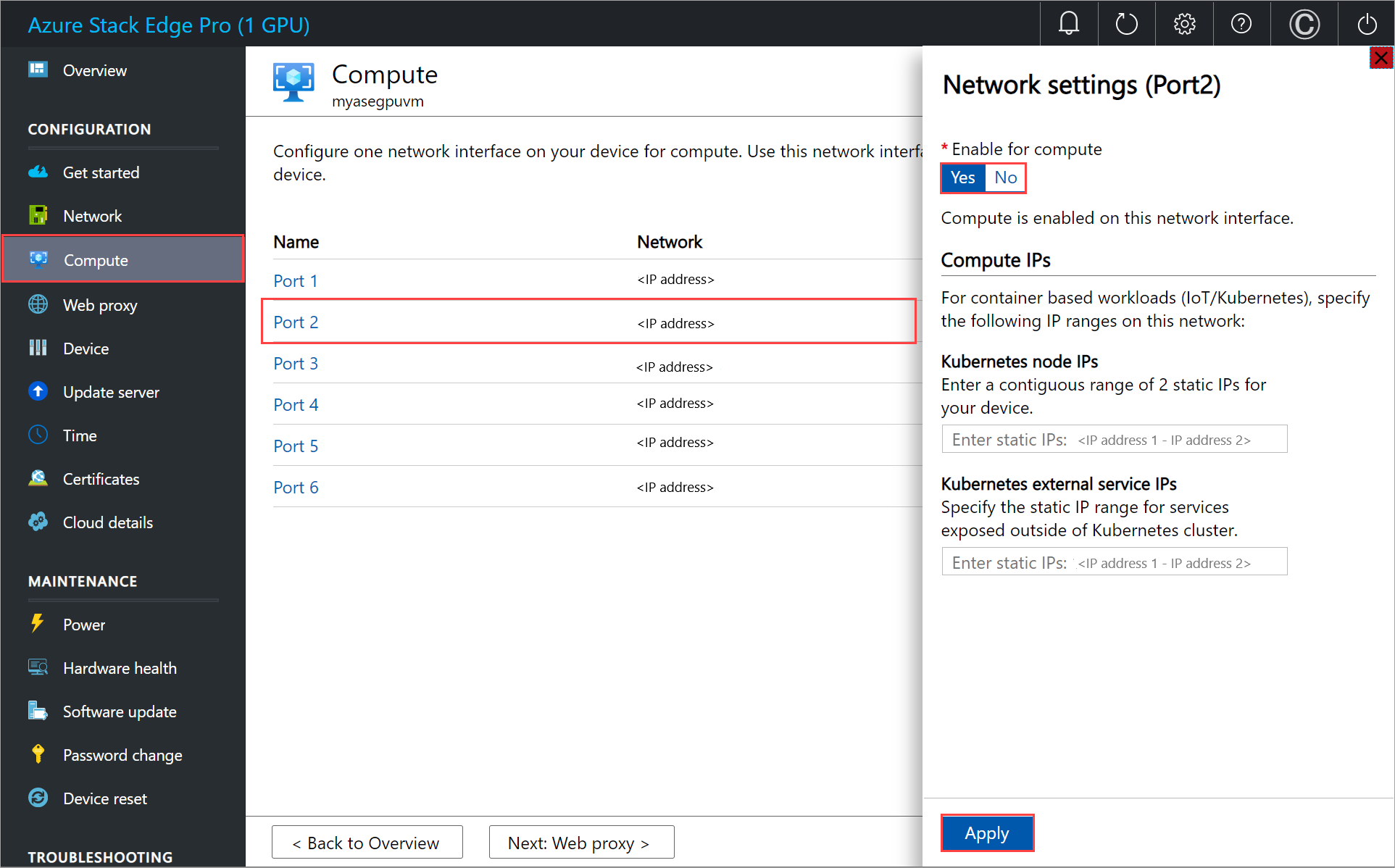 Azure Stack Edge cihazının İşlem bölmesinin ekran görüntüsü. Bağlantı noktası 2 için işlem ayarları vurgulanır.