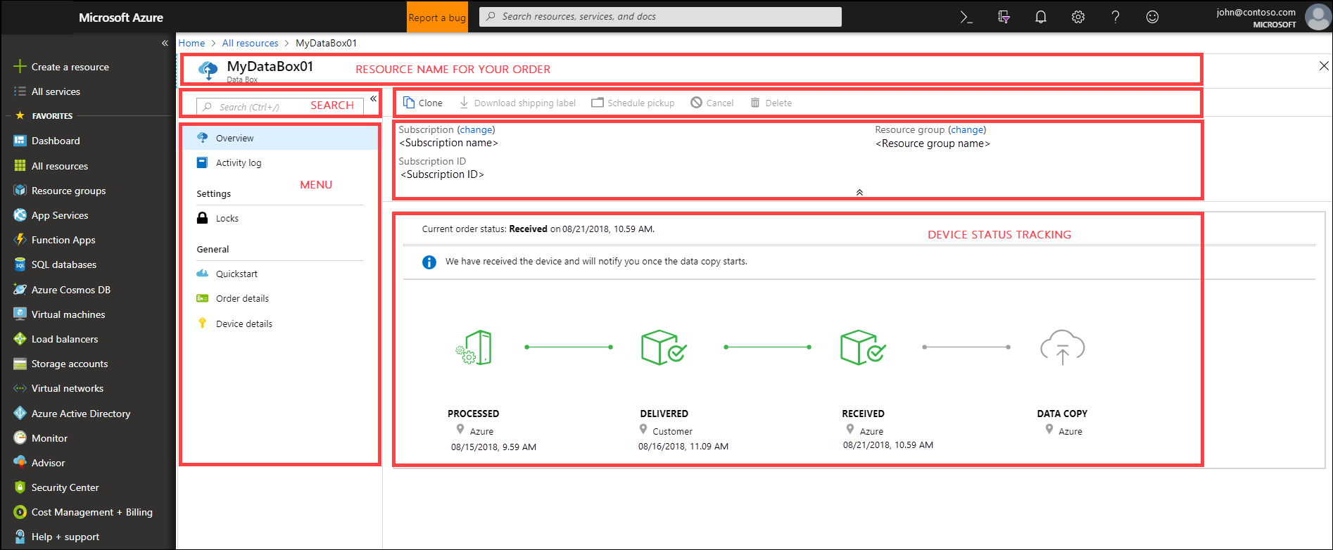 Azure portalında Data Box hizmetinin ekran görüntüsü.