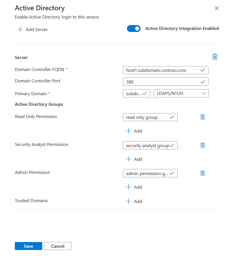 Algılayıcıdaki Active Directory tümleştirme yapılandırmasının ekran görüntüsü.