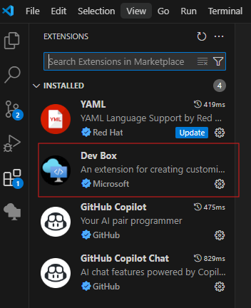 Visual Studio Code'daki Uzantılar bölmesinin Dev Box uzantısını gösteren ekran görüntüsü.