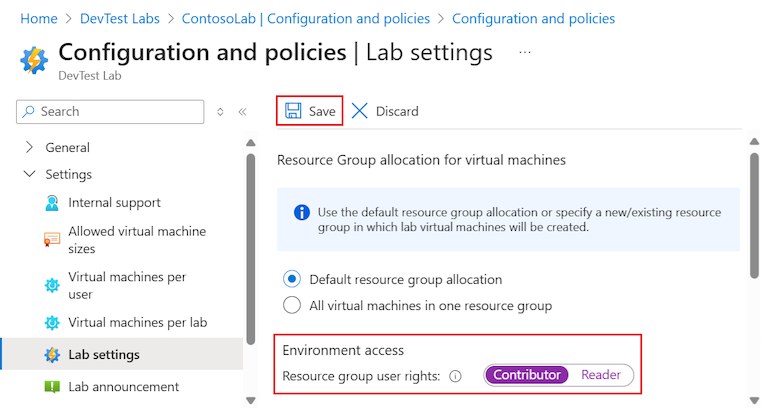 DevTest Labs'de laboratuvar kullanıcıları için Katkıda Bulunan rolü izinlerinin nasıl ayarlandığını gösteren ekran görüntüsü.