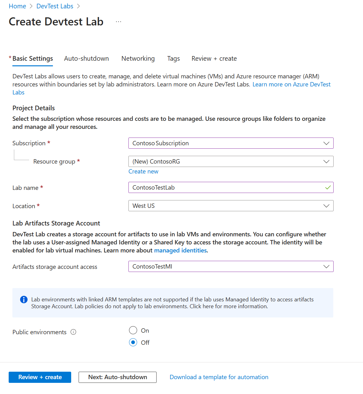 DevTest Labs oluşturma formundaki Temel Ayarlar sekmesinin ekran görüntüsü.