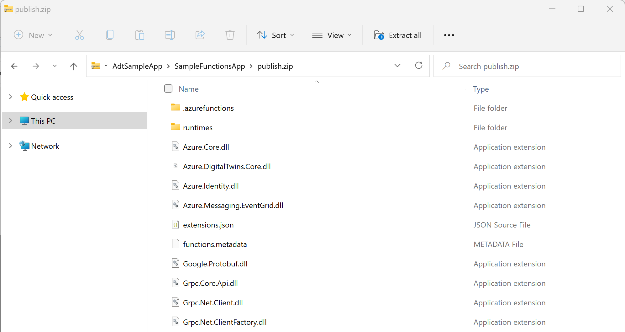 Windows'ta zip yayımlama klasörünün içeriğini gösteren Dosya Gezgini'nin ekran görüntüsü.