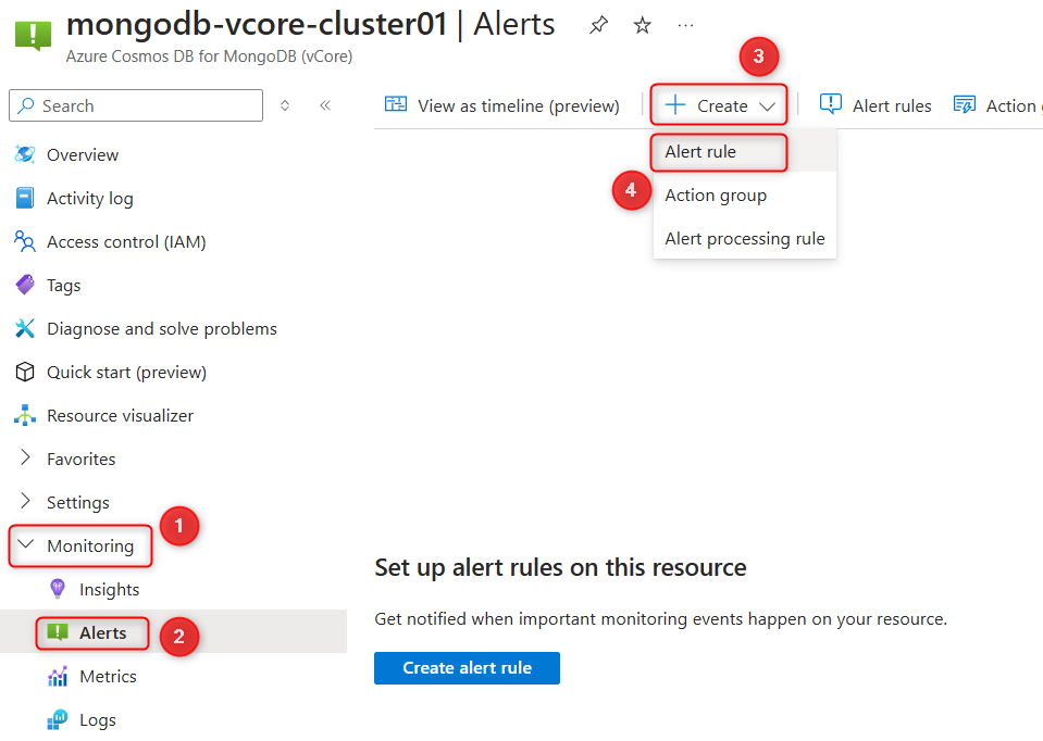  Azure portalında Azure DocumentDB'deki uyarı kuralı oluşturma sayfasının ekran görüntüsü.