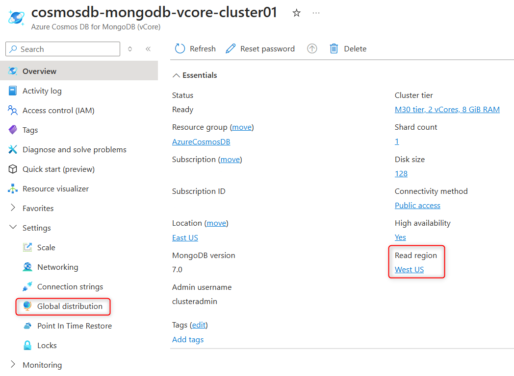 Azure portalında Genel Bakış sayfasında ve Genel dağıtım sayfasında küme çoğaltma durumunun ekran görüntüsü.