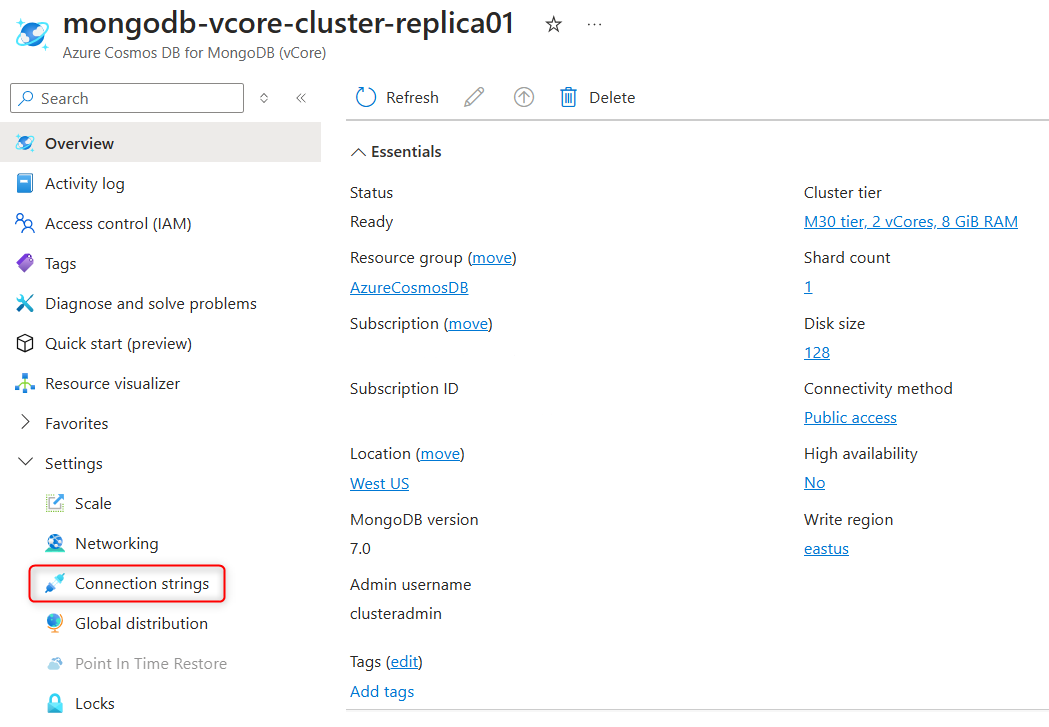 Azure portalında Bağlantı dizeleri sayfasının vurgulandığı replika kümesi özelliklerinin ekran görüntüsü.