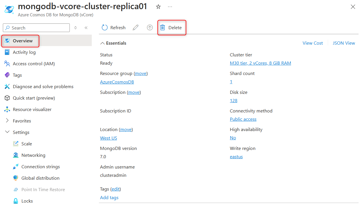 Azure portalında, Sil düğmesi vurgulanmış ve Genel Bakış sayfası açık olan çoğaltma kümesi özelliklerinin ekran görüntüsü.
