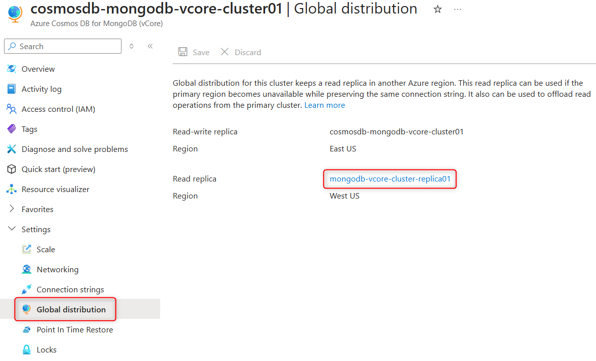 Azure portalında çoğaltma kümesine bağlantı içeren küme Genel dağıtım sayfasının ekran görüntüsü.