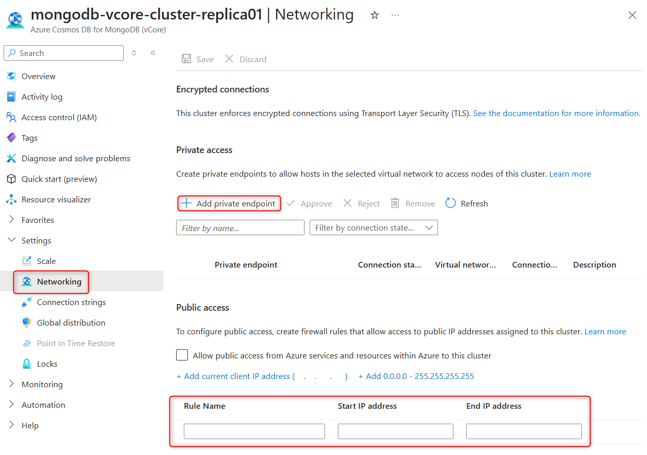 Azure portalında çoğaltma kümesi Ağ oluşturma sayfasının ekran görüntüsü.