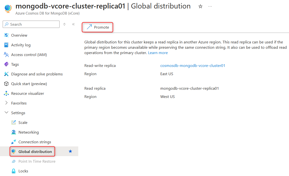 Azure portalında Küresel dağıtım sayfası açık ve Terfi et düğmesi vurgulanmış çoğaltma kümesi özelliklerinin ekran görüntüsü.