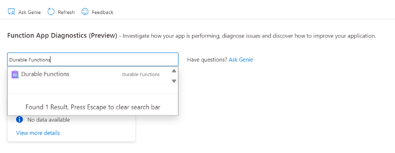 Microsoft Azure işlevleri uygulama tanılamasında Dayanıklı İşlevler dedektörünü aramanın nasıl yapılacağını gösteren ekran görüntüsü.