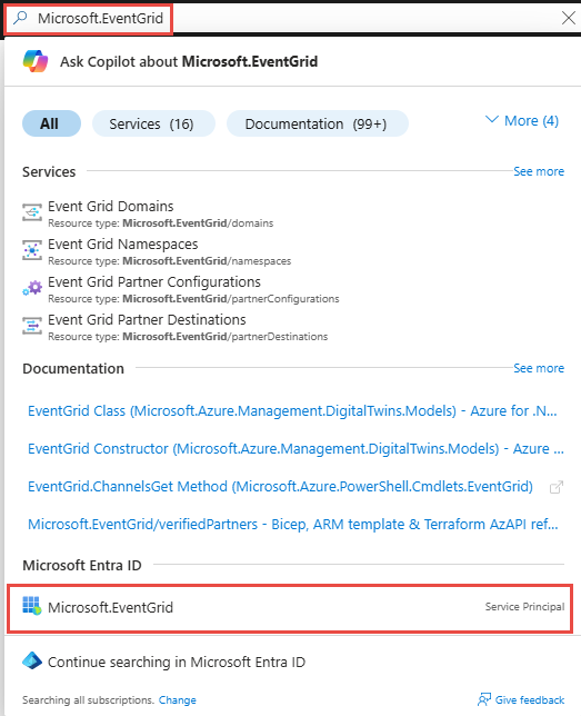 Açılan listeden Microsoft Event Grid seçimini gösteren ekran görüntüsü.