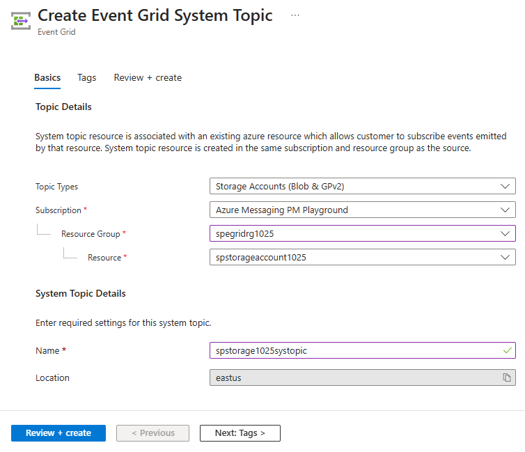 Event Grid Sistem Konusu Oluştur sayfasını gösteren ekran görüntüsü.