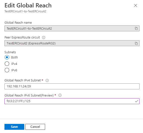 Global Reach yapılandırmasını düzenle sayfasının ekran görüntüsü.