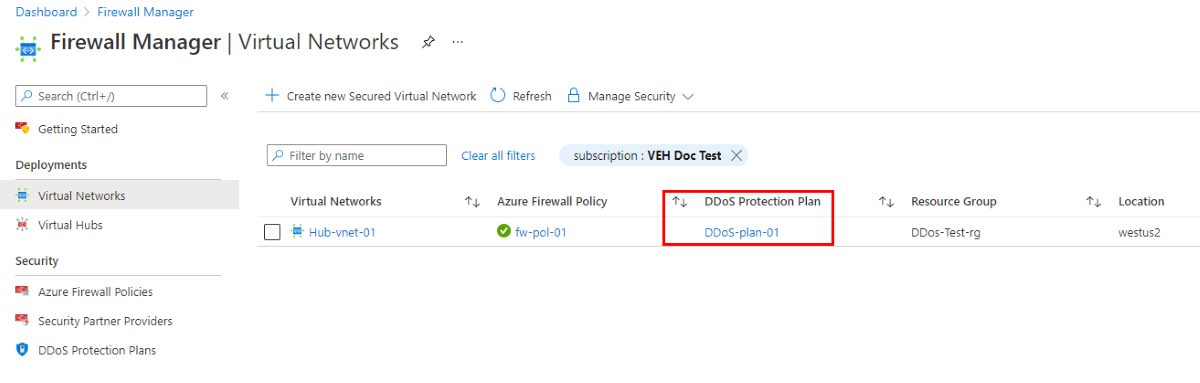 DDoS Koruma Planı ile sanal ağı gösteren ekran görüntüsü