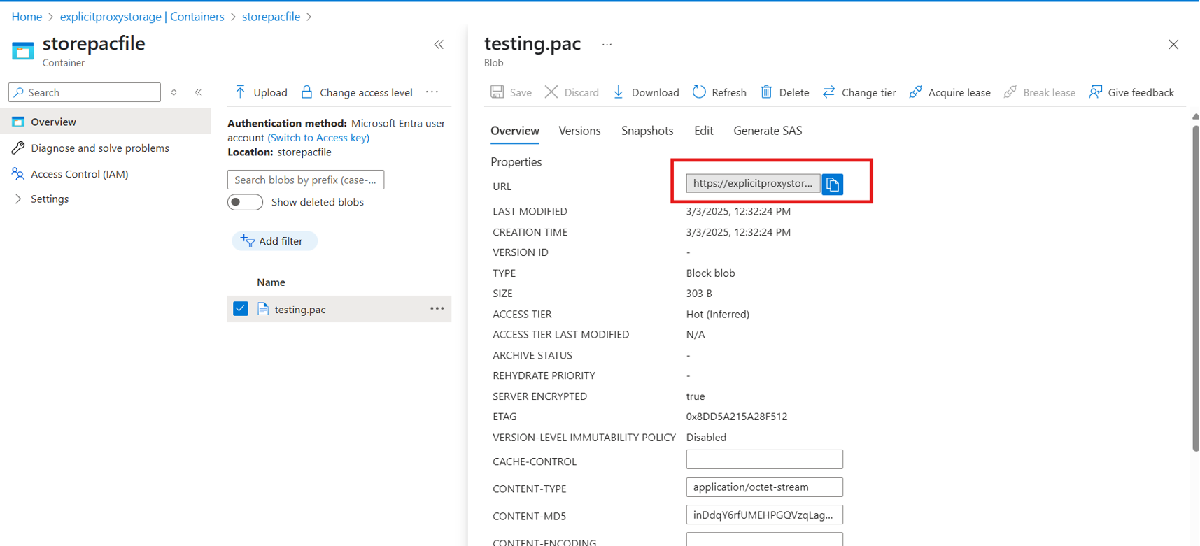 Kopyalanmış PAC dosya URL'sini gösteren ekran görüntüsü.
