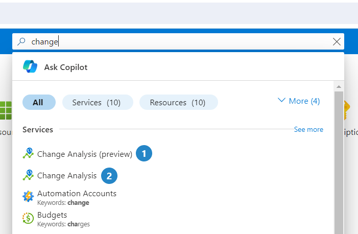 Azure portalında Değişiklik Analizi için arama sonuçlarının ekran görüntüsü.