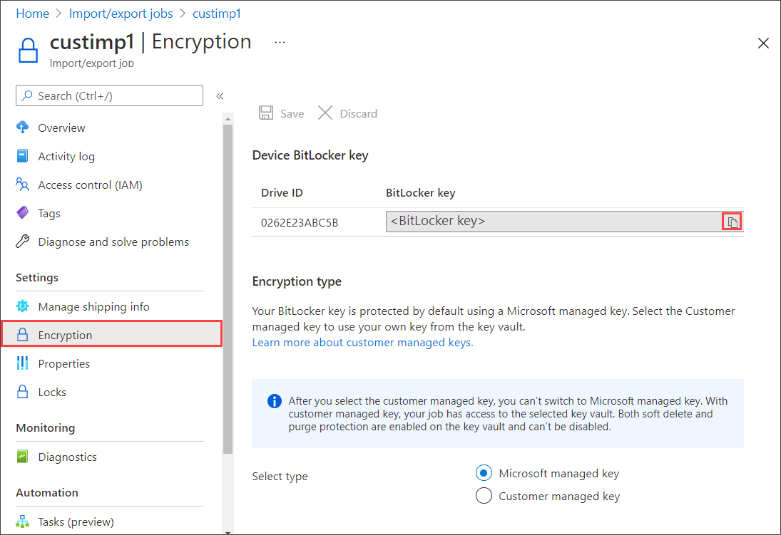 Azure İçe/Dışa Aktarım İşleri'ndeki bir dışa aktarma işi için Şifreleme 'blade'inin ekran görüntüsü. Şifreleme menü öğesi ve anahtarın Kopyala düğmesi vurgulanmıştır.