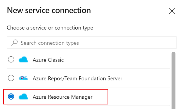 Yeni hizmet bağlantısı açılan listesinden Azure Resource Manager seçmeyi gösteren ekran görüntüsü.