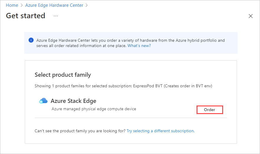 Azure Edge Donanım Merkezi'nde sipariş vermek istediğiniz ürün ailesini seçme işleminin ekran görüntüsü. Ürün ailesinin Sipariş Ver düğmesi vurgulanır.