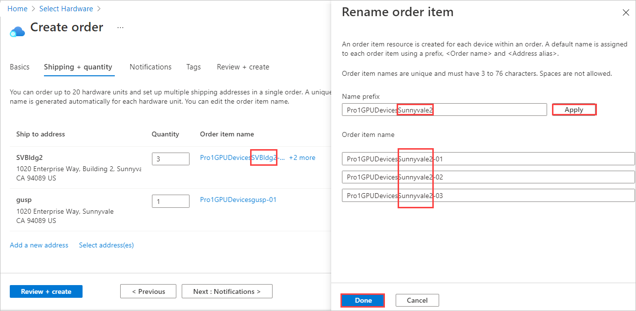 Azure Edge Donanım Merkezi siparişi için sipariş öğelerini yeniden adlandırmayı gösteren ekran görüntüsü