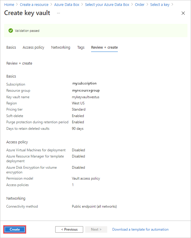 Azure için Key Vault Oluşturma sihirbazının Gözden Geçir ve Oluştur sekmesinin ekran görüntüsü. Oluştur düğmesi vurgulanmıştır.