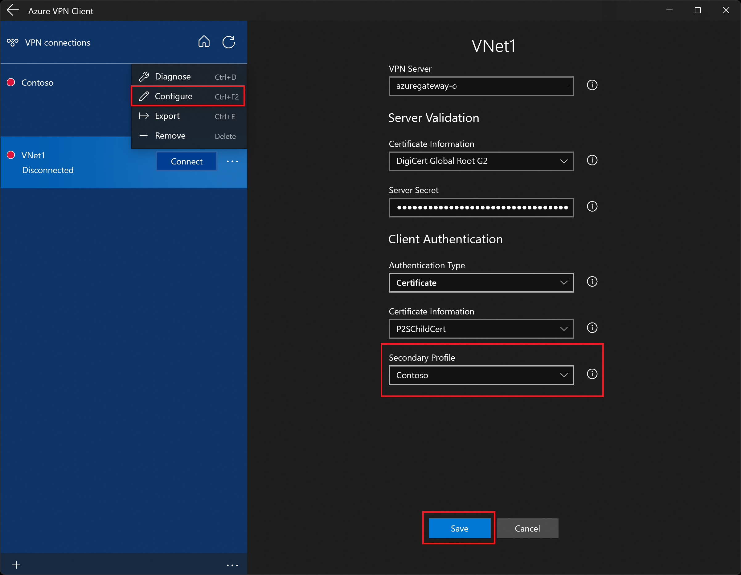 İkincil profil içeren Azure VPN istemci profili yapılandırma sayfasını gösteren ekran görüntüsü.