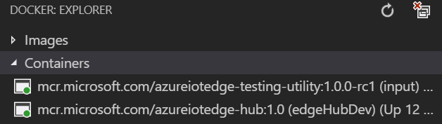 Visual Studio Code'un Docker Gezgini bölmesinde simülatör modül durumunu gösteren bir ekran görüntüsü