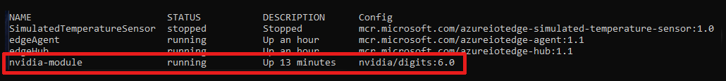 'iotedge list' komutunun sonucunun ekran görüntüsü.