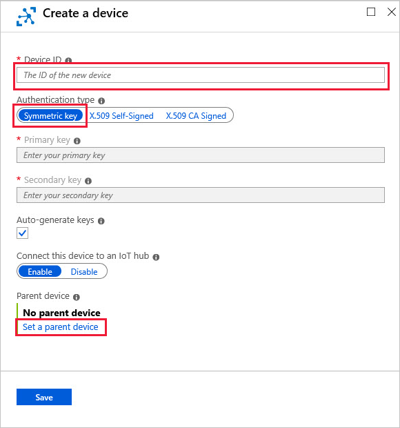 > Azure portalında simetrik anahtar yetkilendirmeli cihaz kimliği oluşturma ekran görüntüsü.