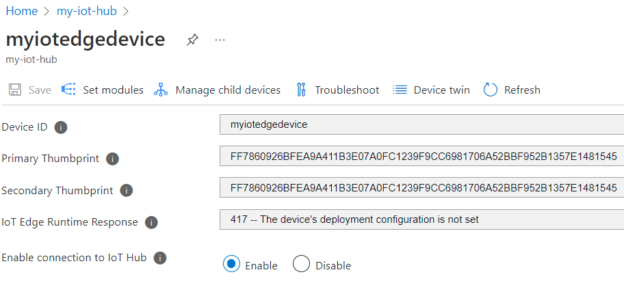 Azure portalındaki IoT Hub cihaz ayarlarının ekran görüntüsü. Sertifika parmak izleri alanlarında değerler gösterilir.