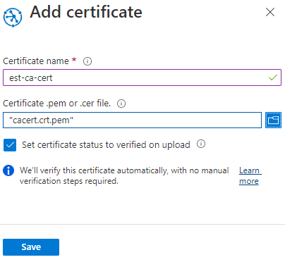 Azure portali kullanarak Cihaz Sağlama Hizmeti'ne CA sertifikası ekleme ekran görüntüsü.
