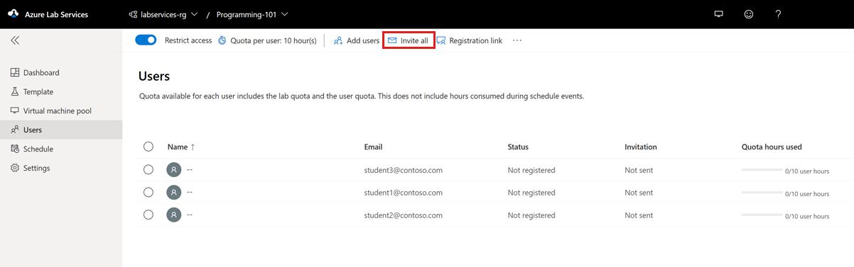 Azure Lab Services web sitesindeki Kullanıcılar sayfasını gösteren ve Tümünü davet et düğmesini vurgulayan ekran görüntüsü.