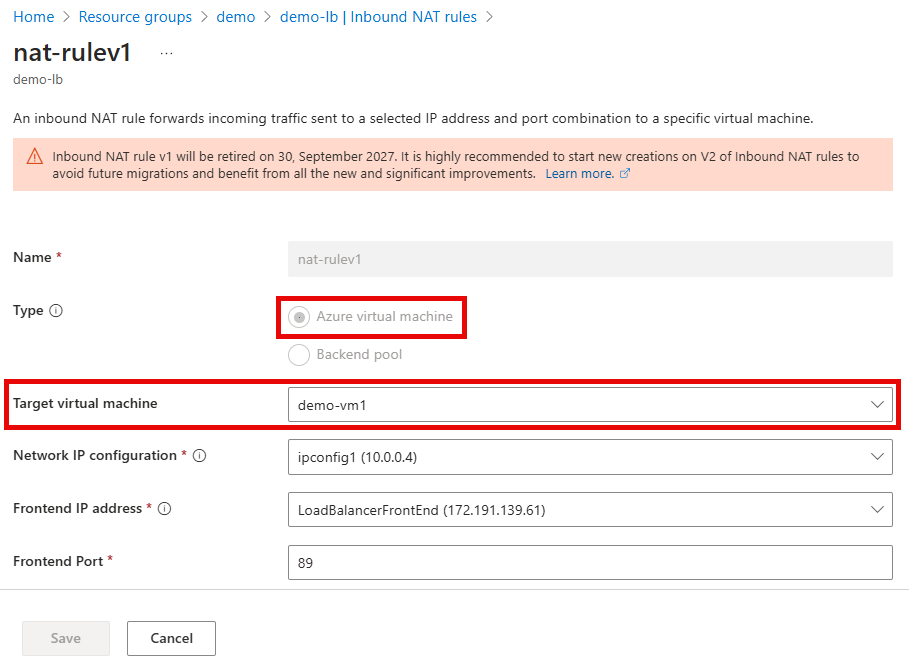 Azure portalındaki NAT kuralı sürüm 1 yapılandırmasının ekran görüntüsü.