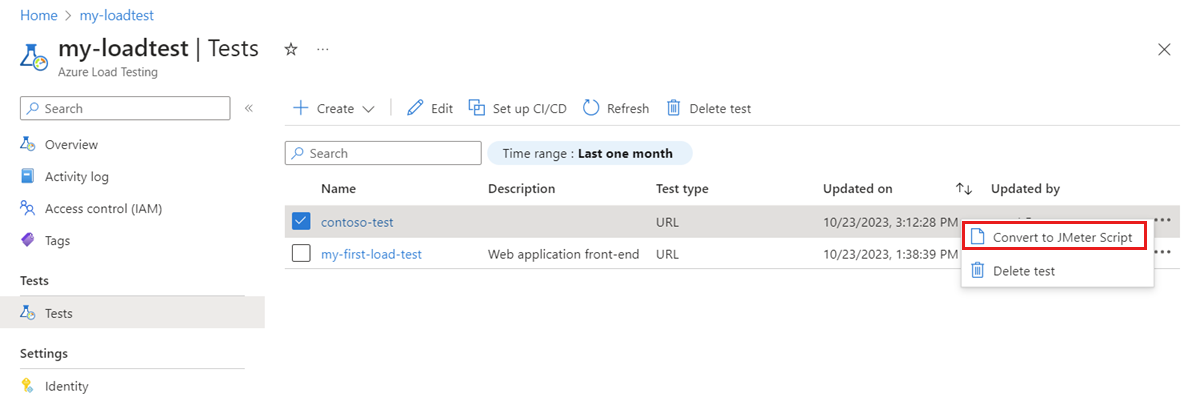 Testi JMeter tabanlı teste dönüştürmek için menü seçeneğini vurgulayarak Azure portalındaki testlerin listesini gösteren ekran görüntüsü.