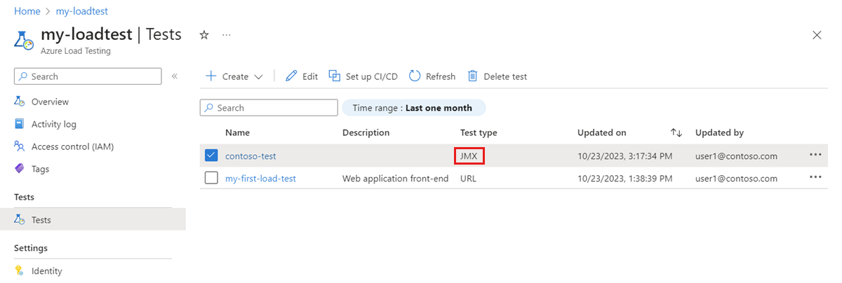 Dönüştürülen test için JMX olarak değiştirilen test türünün vurgulandığı, Azure portalındaki test listesini gösteren ekran görüntüsü.