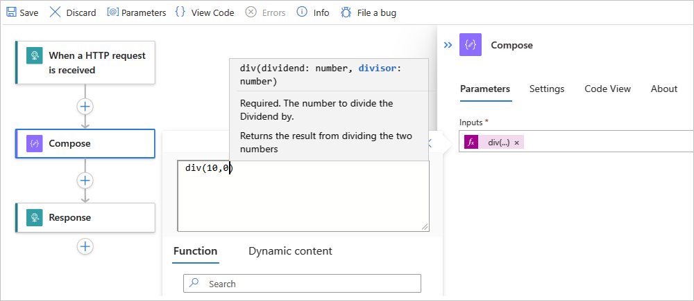 Azure portalı, Standart iş akışı tasarımcısı, İstek tetikleyicisi, Özel durum oluşturan ifadeyle oluştur eylemi ve Yanıt eylemini gösteren ekran görüntüsü.