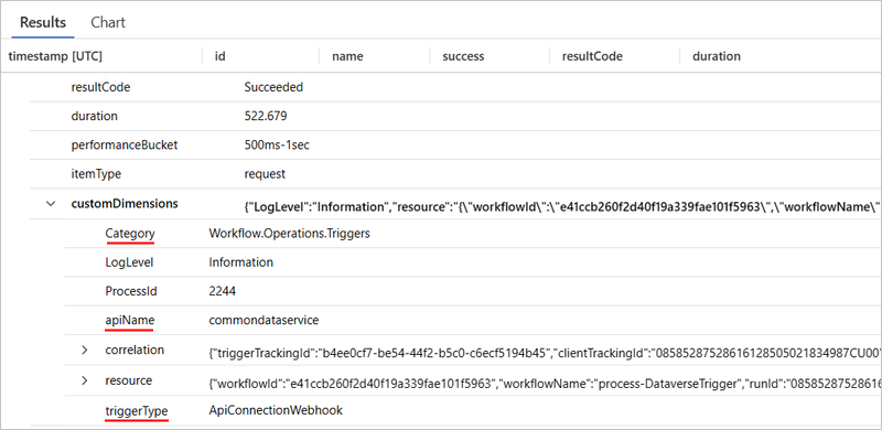 ApiConnectionWebhook bağlantısına sahip Microsoft Dataverse tetikleyici olayları için Application Insights, Sonuçlar sekmesini gösteren ekran görüntüsü.
